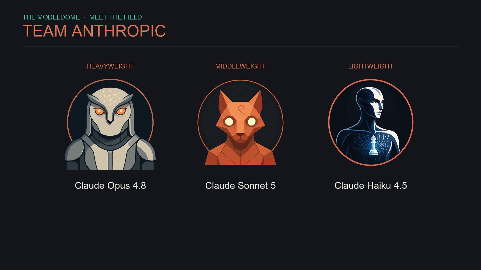 Team Anthropic: Claude Opus 4.8 at heavyweight, Claude Sonnet 5 at middleweight, Claude Haiku 4.5 at lightweight.